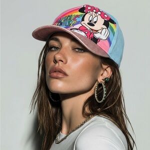 Disney Minnie Mouse Rainbow Blue Pink Glitter Hat Adjustable